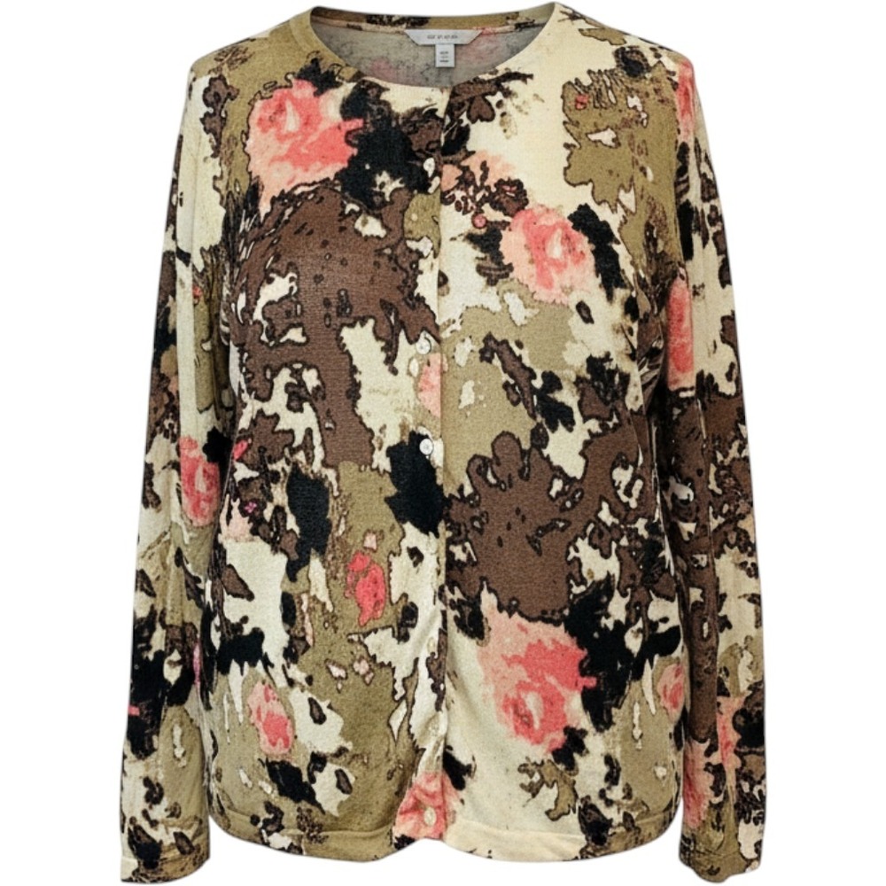 Kate Hill Linen Blend Button Front Cardigan Sweater Floral Woman 1X Lightweight